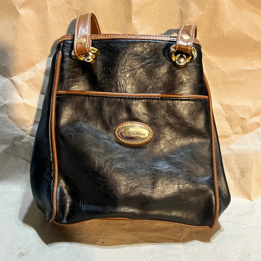 Capezio Small Shoulder Bag Black Brown Vintage Kiss Lock Multi Compartment Purse